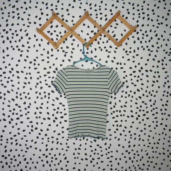 Art Class Green Striped Lettuce Hem Ribbed Girls Short Sleeve Shirt - Picture 3 of 6